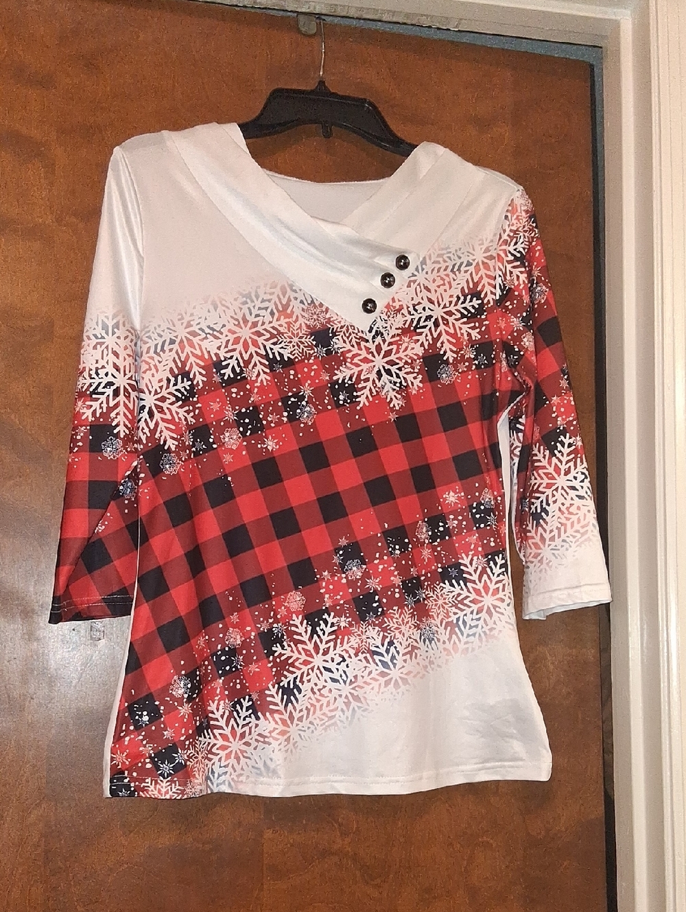 SHEIN Red Black Plaid Snowflake Cowl-Neck Tunic with Buttons